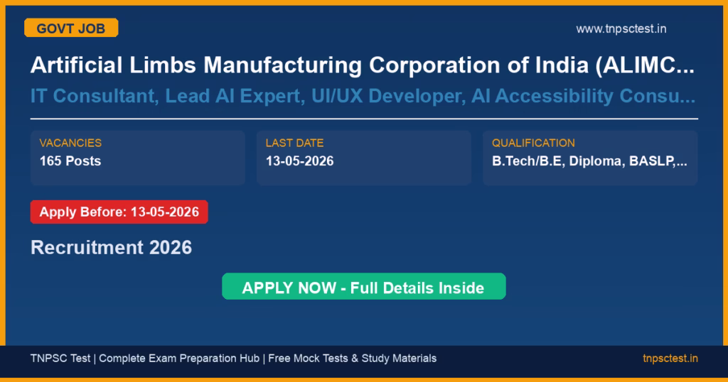 Artificial Limbs Manufacturing Corporation of India (ALIMCO), Kanpur IT Consultant, Lead AI Expert, UI/UX Developer, AI Accessibility Consultant, Young Professional (AI), IT Assistant, Assistant Manager (Plastic), Junior Manager (Production-Textiles), Junior Manager (Civil), Officer (Civil), Safety Officer, Quality Controller, P&O Clinical, Prosthetic & Orthotic, Audiologist, Optometrist, Special Educator and others Recruitment 2026