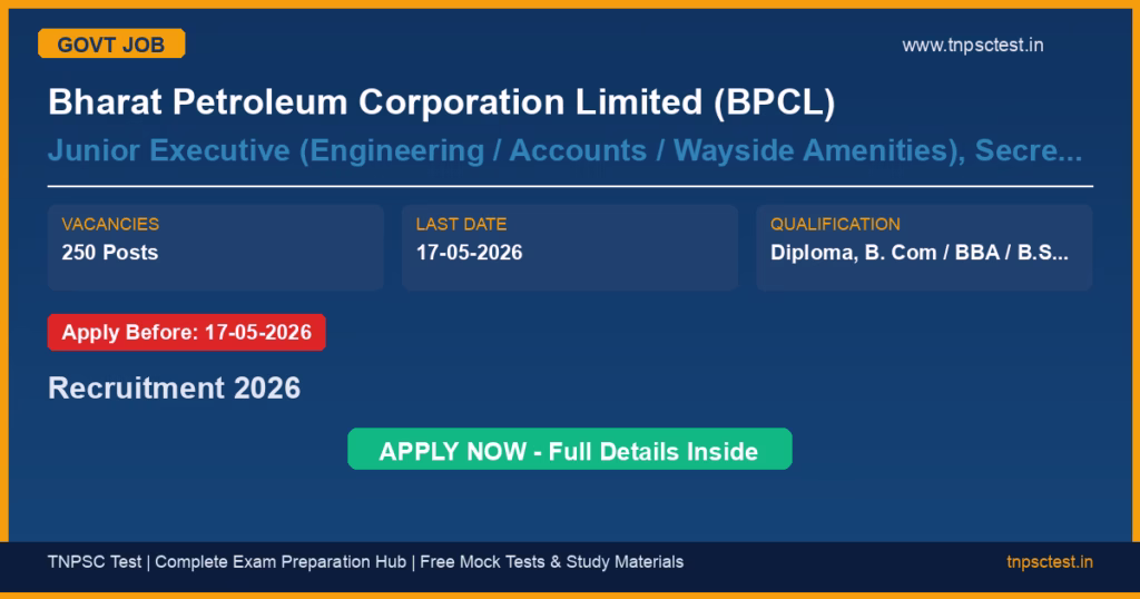 Bharat Petroleum Corporation Limited (BPCL) Junior Executive (Engineering / Accounts / Wayside Amenities), Secretary BPCL, Associate Executive (Quality Assurance / Official Language Implementation) Recruitment 2026