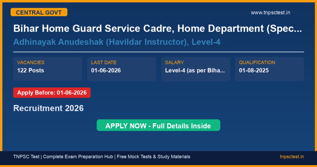 Bihar Home Guard Service Cadre, Home Department (Special Branch), Govt. of Bihar Adhinayak Anudeshak (Havildar Instructor), Level-4 Recruitment 2026