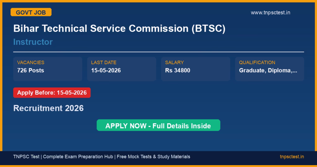 Bihar Technical Service Commission (BTSC) Instructor Recruitment 2026