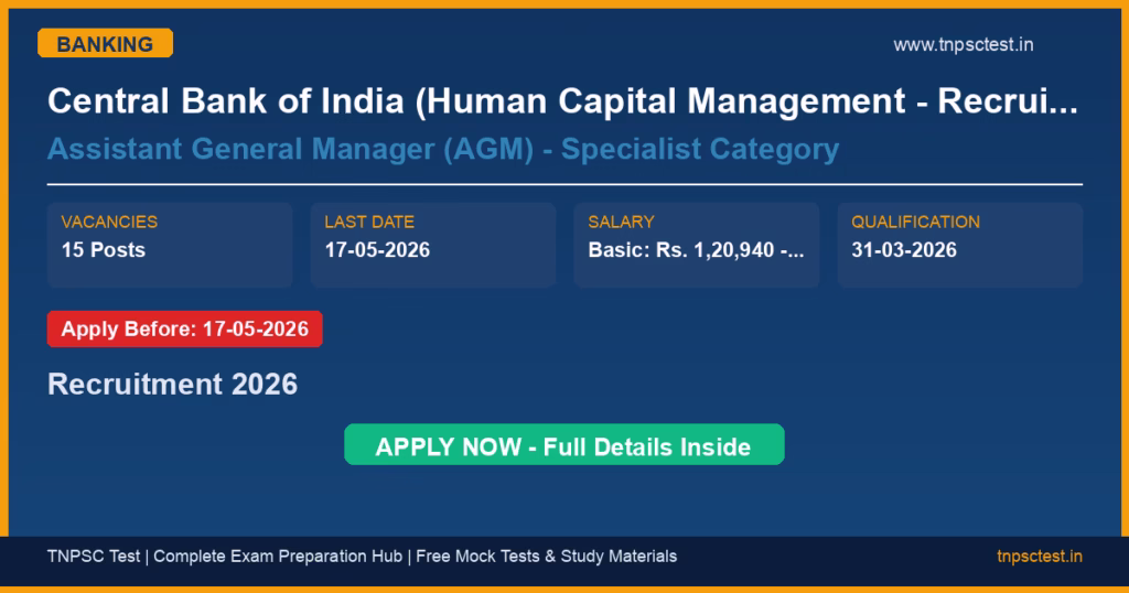 Central Bank of India (Human Capital Management - Recruitment & Promotion, Central Office) Assistant General Manager (AGM) - Specialist Category Recruitment 2026