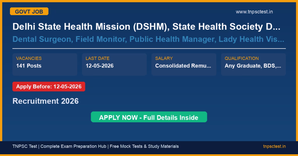 Delhi State Health Mission (DSHM), State Health Society Delhi, State Program Management Unit Dental Surgeon, Field Monitor, Public Health Manager, Lady Health Visitor, and Various Other Posts Recruitment 2026