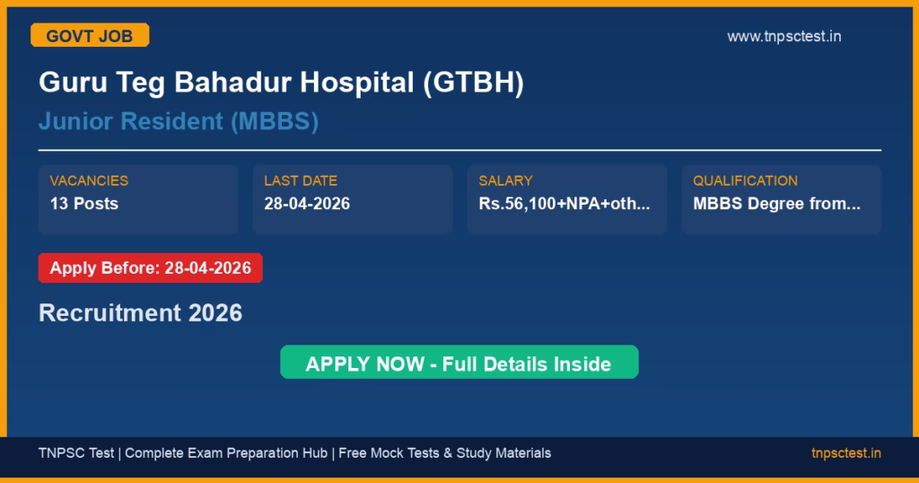 Guru Teg Bahadur Hospital (GTBH) Junior Resident (MBBS) Recruitment 2026
