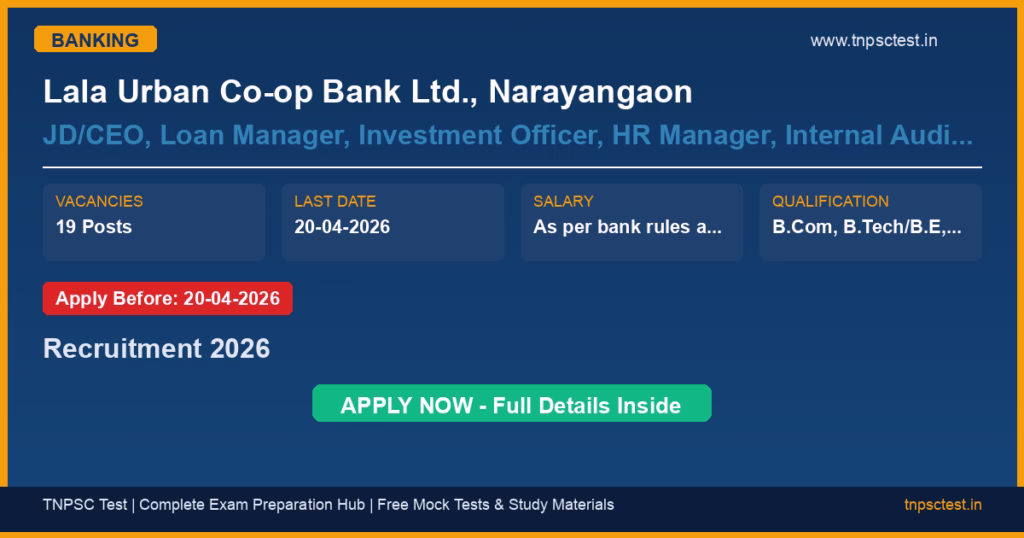 Lala Urban Co-op Bank Ltd., Narayangaon JD/CEO, Loan Manager, Investment Officer, HR Manager, Internal Auditor, Compliance Officer, Marketing Officer, Branch Manager, IT Manager, Recovery Officer, Assistant Recovery Officer Recruitment 2026