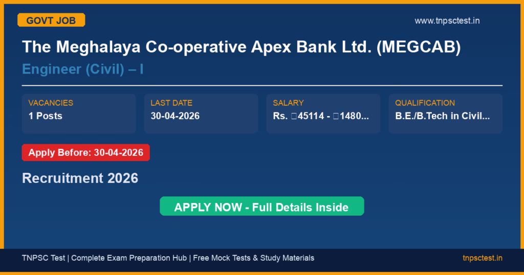 The Meghalaya Co-operative Apex Bank Ltd. (MEGCAB) Engineer (Civil) – I Recruitment 2026