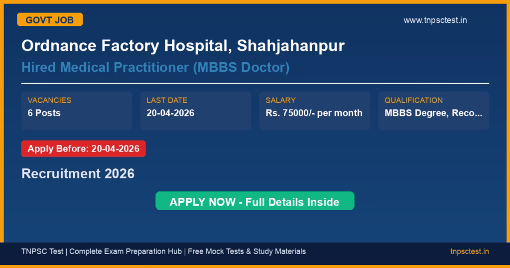 Ordnance Factory Hospital, Shahjahanpur Hired Medical Practitioner (MBBS Doctor) Recruitment 2026