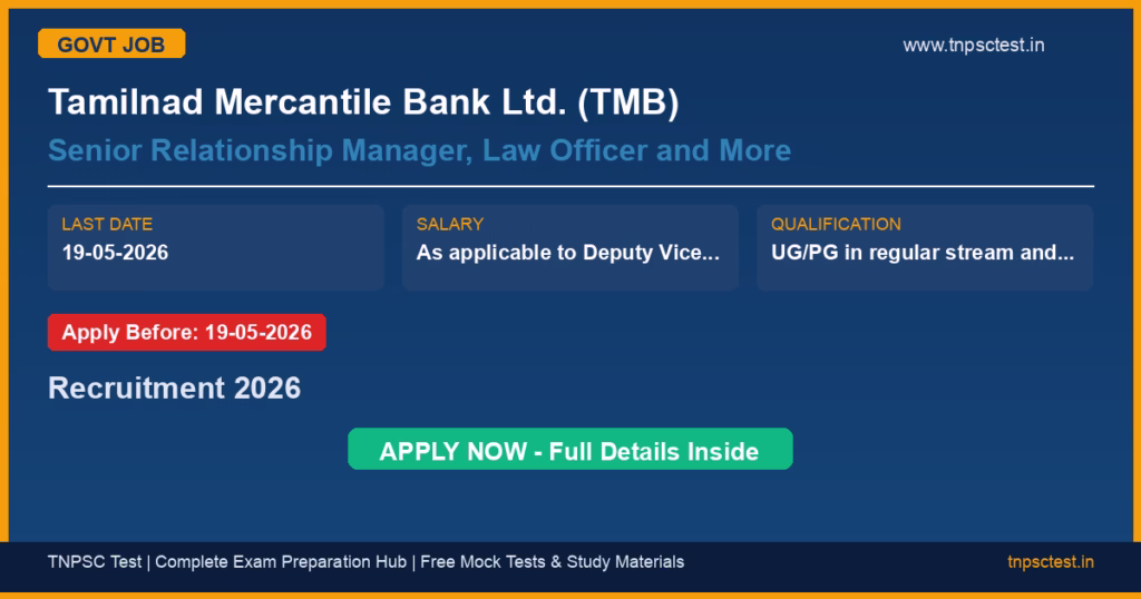 Tamilnad Mercantile Bank Ltd. (TMB) Senior Relationship Manager, Law Officer and More Recruitment 2026