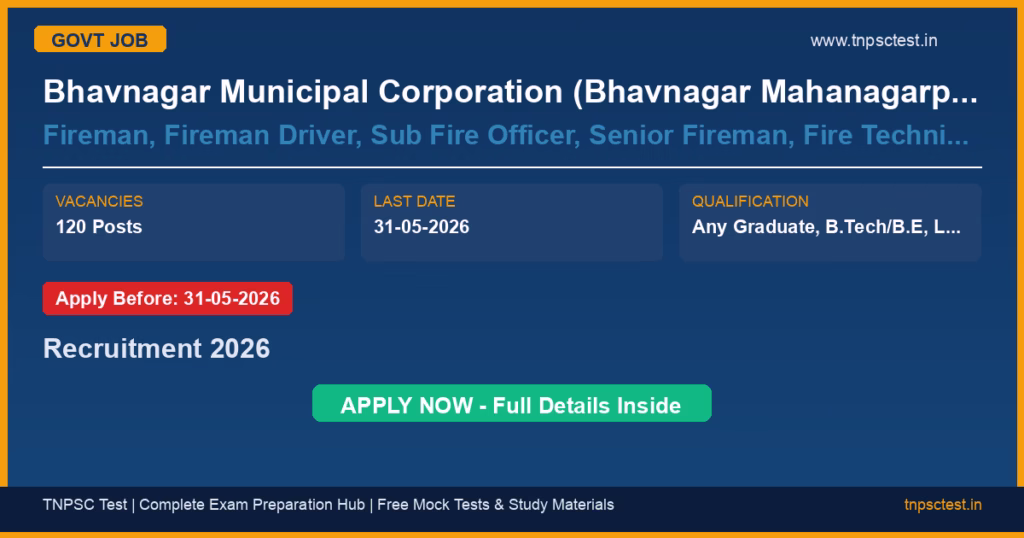 Bhavnagar Municipal Corporation (Bhavnagar Mahanagarpalika), Gujarat Fireman, Fireman Driver, Sub Fire Officer, Senior Fireman, Fire Technician, Junior Clerk cum Junior Security Assistant, Asst. Senior Clerk cum Senior Security Assistant, Junior Operator, Legal Assistant, Assistant Programmer cum System Analyst, City Engineer, Gynecologist, Piki Phone (Field Worker) Recruitment 2026
