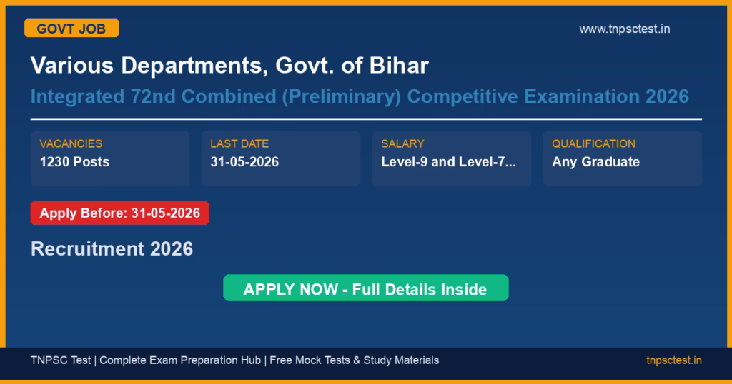 Various Departments, Govt. of Bihar Integrated 72nd Combined (Preliminary) Competitive Examination 2026 Recruitment 2026
