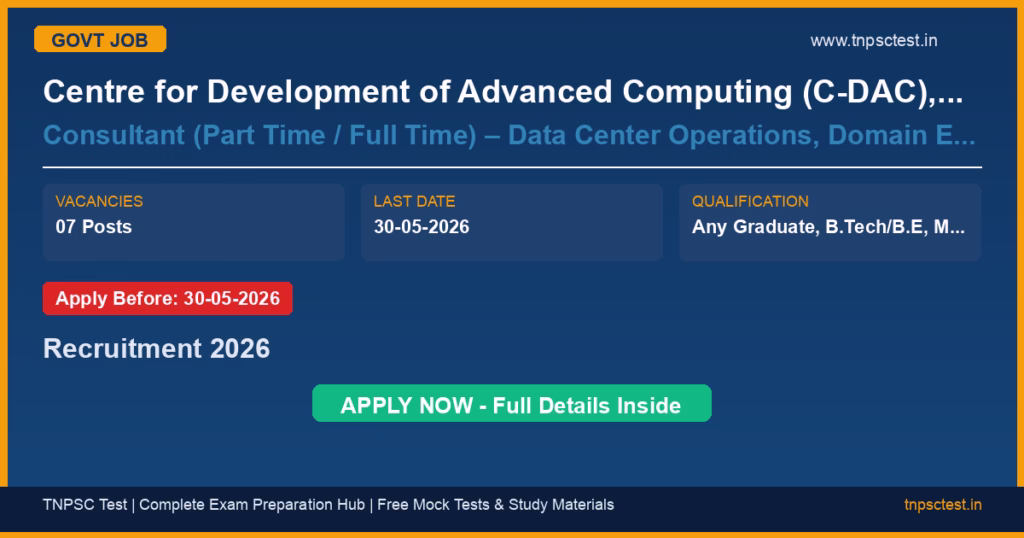 Centre for Development of Advanced Computing (C-DAC), Pune Consultant (Part Time / Full Time) – Data Center Operations, Domain Expert – Police, Module Lead Recruitment 2026
