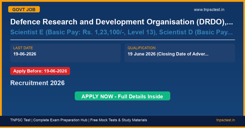 Defence Research and Development Organisation (DRDO), Recruitment & Assessment Centre (RAC), Lucknow Road, Timarpur, Delhi – 110054 Scientist E (Basic Pay: Rs. 1,23,100/-, Level 13), Scientist D (Basic Pay: Rs. 78,800/-, Level 12), Scientist C (Basic Pay: Rs. 67,700/-, Level 11) Recruitment 2026
