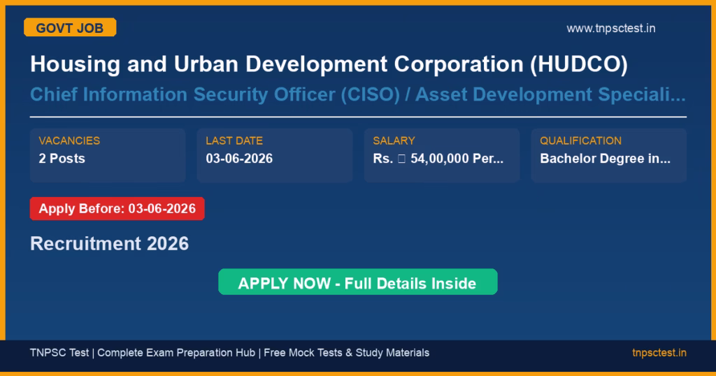 Housing and Urban Development Corporation (HUDCO) Chief Information Security Officer (CISO) / Asset Development Specialist Recruitment 2026