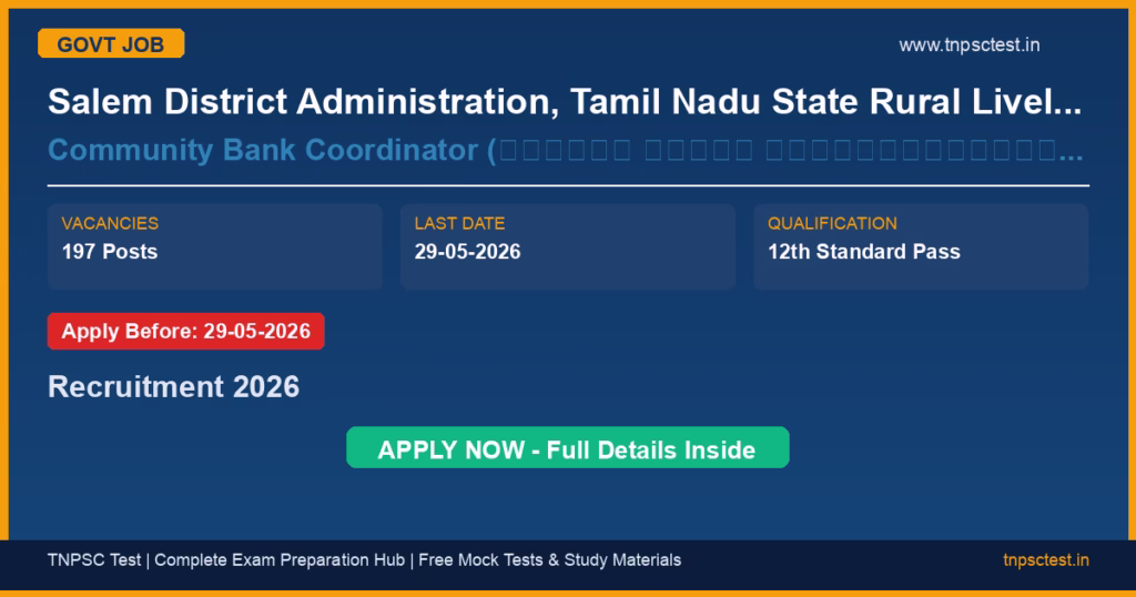 Salem District Administration, Tamil Nadu State Rural Livelihoods Mission (Mahalir Thittam) Community Bank Coordinator (மகளிர் வங்கி ஒருங்கிணைப்பாளர்) Recruitment 2026