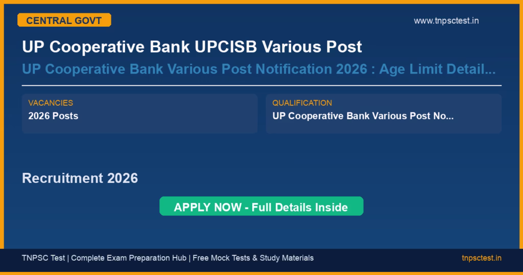 UP Cooperative Bank UPCISB Various Post UP Cooperative Bank Various Post Notification 2026 : Age Limit Details as on 01/01/2026 Minimum Age : 21 Years Maximum Age : 40 Years Age Relaxation Extra As per UP Cooperative Bank UPCISB Combined Co-operative Banking, Non-Bankingand Technical Services Examination (General Recruitment) - 2026 Recruitment 2026