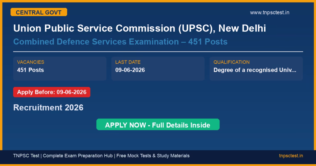 Union Public Service Commission (UPSC), New Delhi Combined Defence Services Examination – 451 Posts Recruitment 2026