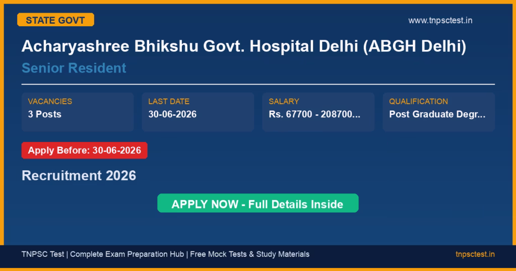 Acharyashree Bhikshu Govt. Hospital Delhi (ABGH Delhi) Senior Resident Recruitment 2026