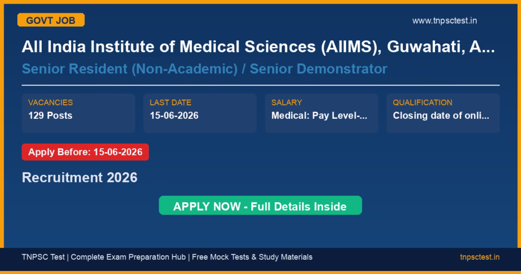 All India Institute of Medical Sciences (AIIMS), Guwahati, Assam (An Autonomous body under Ministry of Health & Family Welfare, GoI) Senior Resident (Non-Academic) / Senior Demonstrator Recruitment 2026