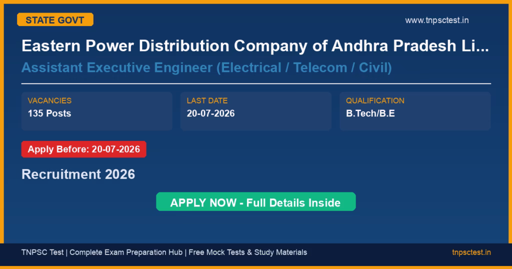 Eastern Power Distribution Company of Andhra Pradesh Limited (APEPDCL) Assistant Executive Engineer (Electrical / Telecom / Civil) Recruitment 2026