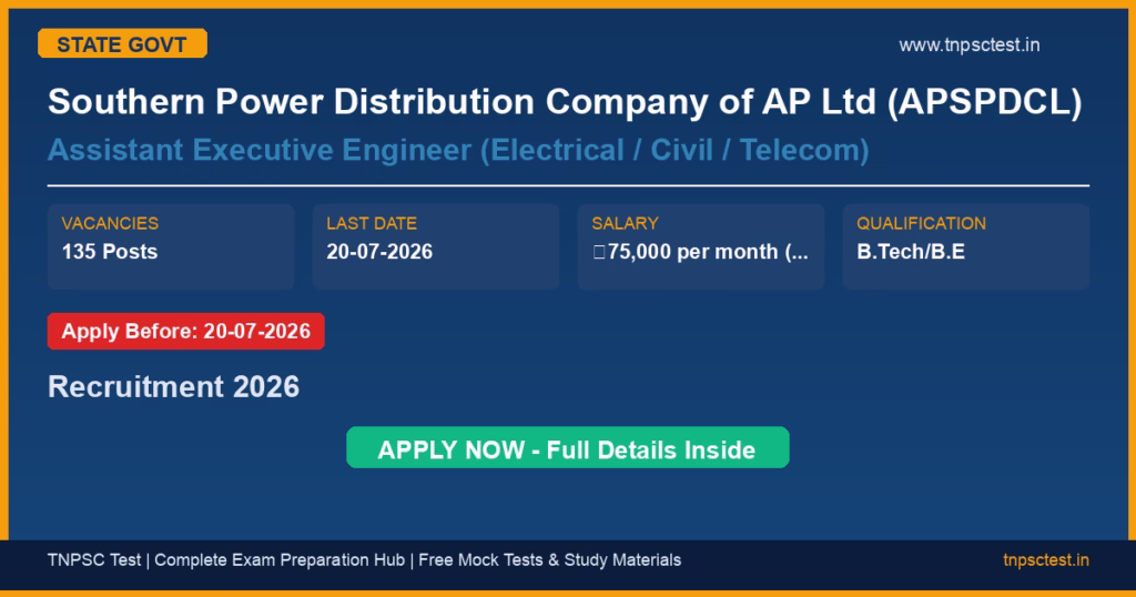 Southern Power Distribution Company of AP Ltd (APSPDCL) Assistant Executive Engineer (Electrical / Civil / Telecom) Recruitment 2026
