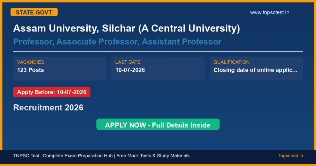 Assam University, Silchar (A Central University) Professor, Associate Professor, Assistant Professor Recruitment 2026