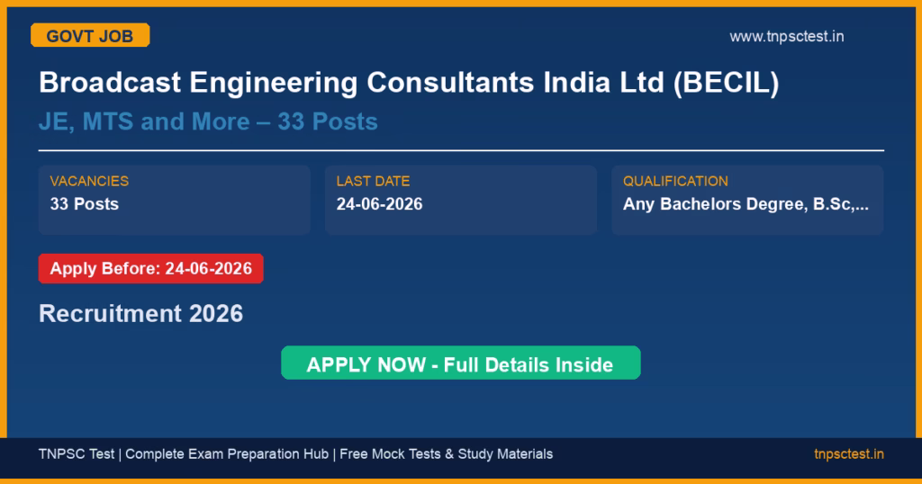 Broadcast Engineering Consultants India Ltd (BECIL) JE, MTS and More – 33 Posts Recruitment 2026