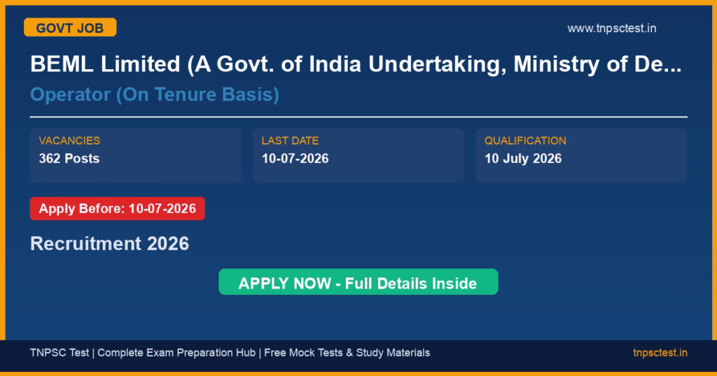 BEML Limited (A Govt. of India Undertaking, Ministry of Defence) Operator (On Tenure Basis) Recruitment 2026