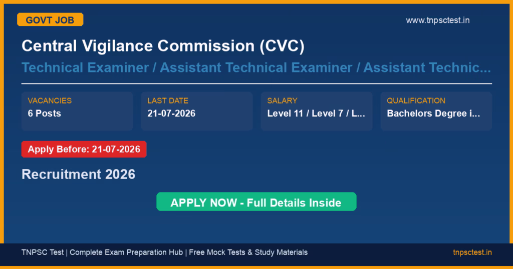 Central Vigilance Commission (CVC) Technical Examiner / Assistant Technical Examiner / Assistant Technical Examiner (Horticulture) / Staff Car Driver (Grade II) Recruitment 2026
