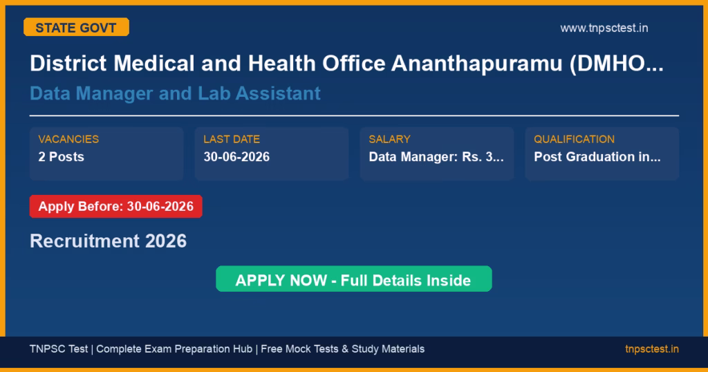 District Medical and Health Office Ananthapuramu (DMHO Ananthapuramu) Data Manager and Lab Assistant Recruitment 2026