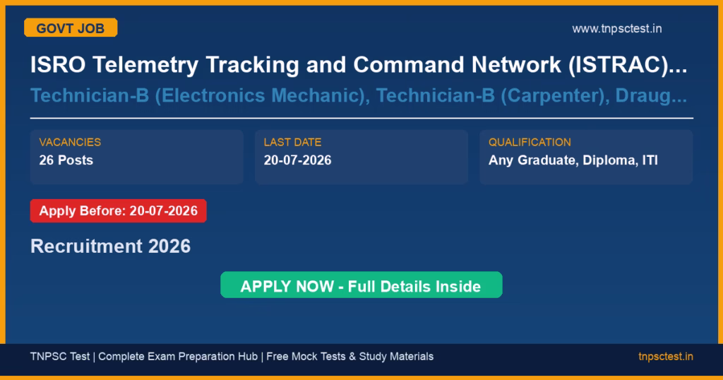 ISRO Telemetry Tracking and Command Network (ISTRAC), Bengaluru Technician-B (Electronics Mechanic), Technician-B (Carpenter), Draughtsman-B (Civil), Draughtsman-B (Mechanical), Technical Assistant (Electronics), Technical Assistant (Mechanical), Scientific Assistant (Computer Science), Scientific Assistant (Mathematics), Library Assistant 'A', Cook-A Recruitment 2026