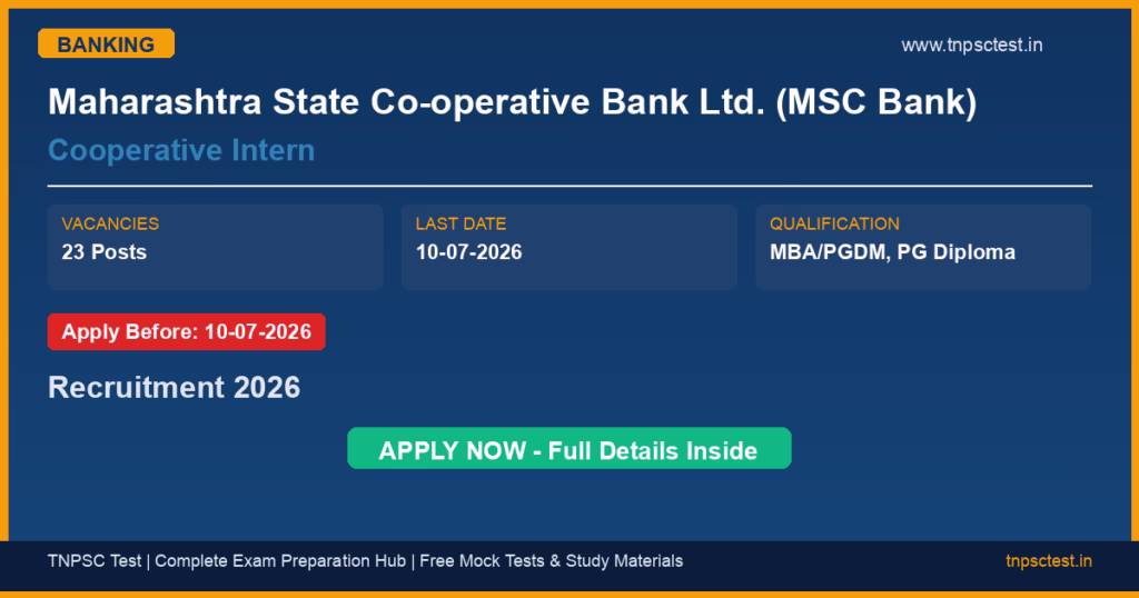 Maharashtra State Co-operative Bank Ltd. (MSC Bank) Cooperative Intern Recruitment 2026