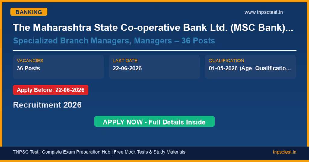 The Maharashtra State Co-operative Bank Ltd. (MSC Bank), Mumbai Specialized Branch Managers, Managers – 36 Posts Recruitment 2026