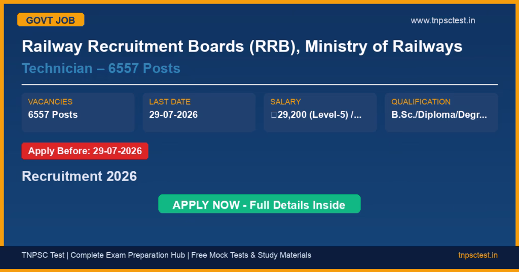 Railway Recruitment Boards (RRB), Ministry of Railways Technician – 6557 Posts Recruitment 2026