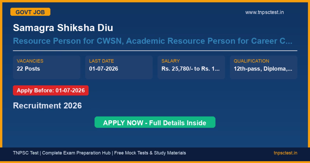 Samagra Shiksha Diu Resource Person for CWSN, Academic Resource Person for Career Counselling, Primary school Teacher (English Medium), Upper Primary School Teacher (English Medium) - Social Science, Upper Primary School Teacher (English Medium) - English, Part Time Instructor, Special Educator (Secondary) Recruitment 2026