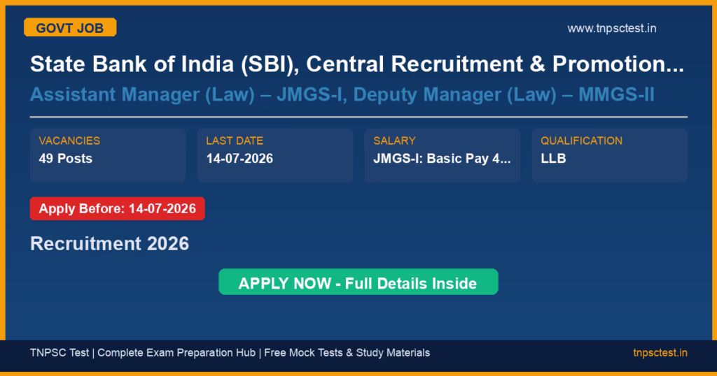 State Bank of India (SBI), Central Recruitment & Promotion Department, Corporate Centre, Mumbai Assistant Manager (Law) – JMGS-I, Deputy Manager (Law) – MMGS-II Recruitment 2026