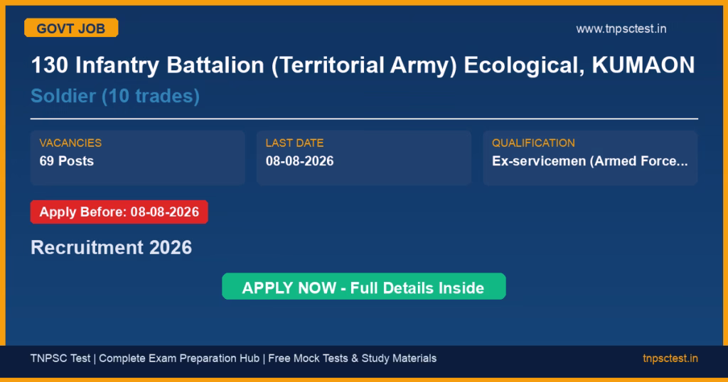 130 Infantry Battalion (Territorial Army) Ecological, KUMAON Soldier (10 trades) Recruitment 2026