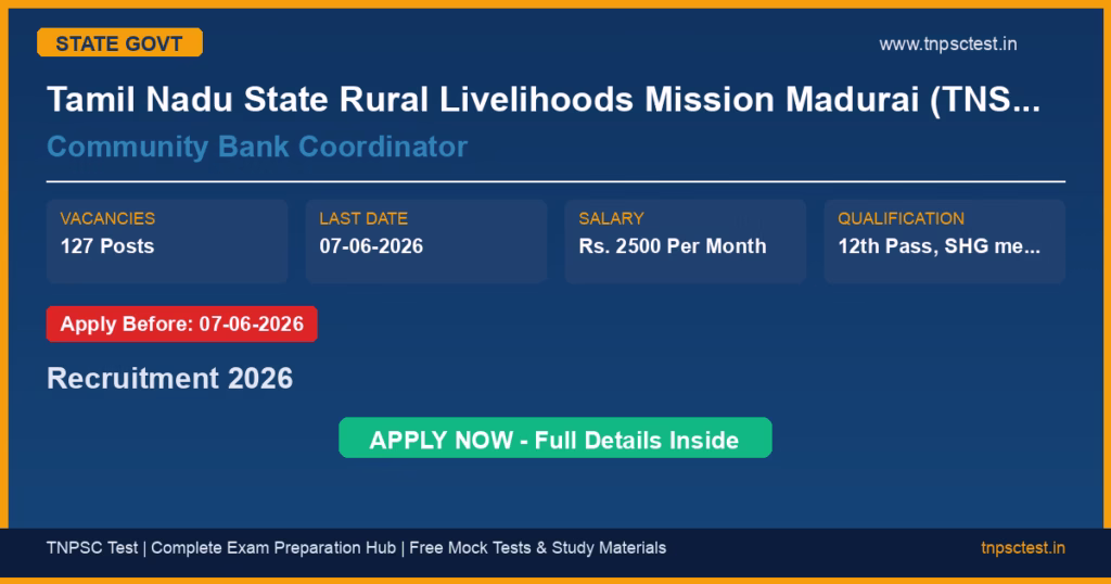 Tamil Nadu State Rural Livelihoods Mission Madurai (TNSRLM Madurai) Community Bank Coordinator Recruitment 2026