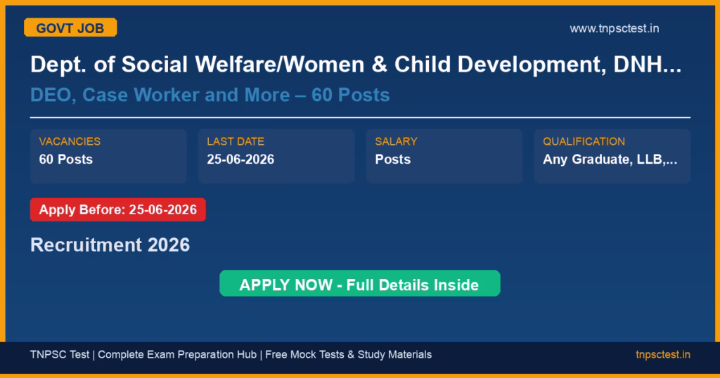 Dept. of Social Welfare/Women & Child Development, DNH & DD DEO, Case Worker and More – 60 Posts Recruitment 2026