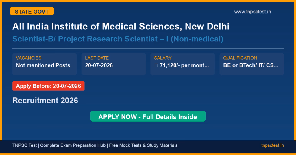 All India Institute of Medical Sciences, New Delhi Scientist-B/ Project Research Scientist – I (Non-medical) Recruitment 2026