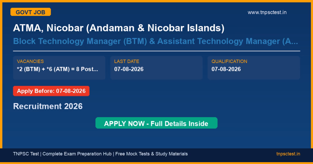 ATMA, Nicobar (Andaman & Nicobar Islands) Block Technology Manager (BTM) & Assistant Technology Manager (ATM) Recruitment 2026