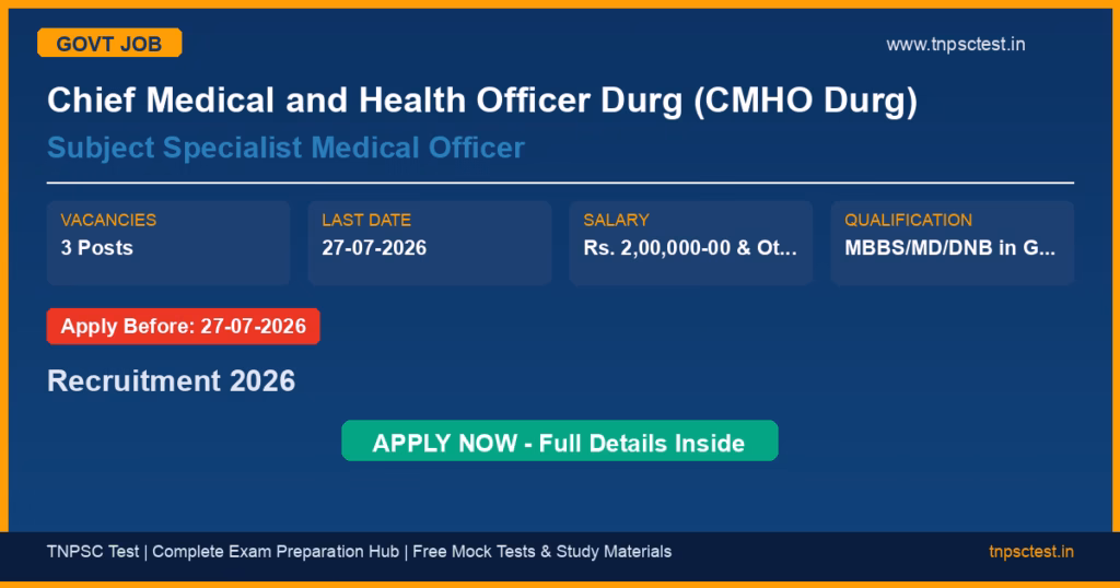 Chief Medical and Health Officer Durg (CMHO Durg) Subject Specialist Medical Officer Recruitment 2026