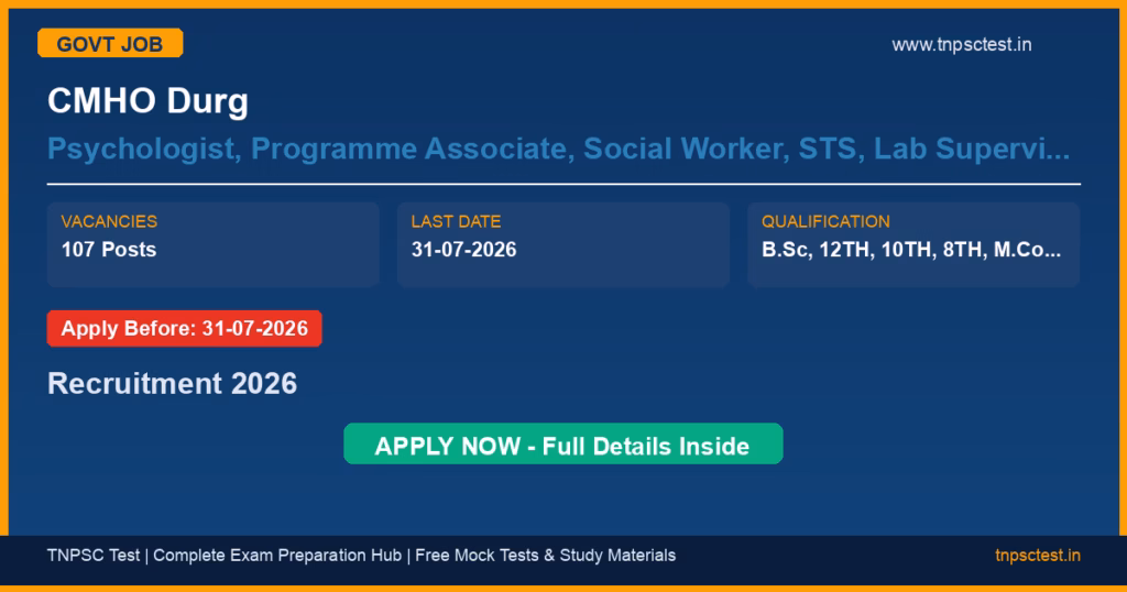 CMHO Durg Psychologist, Programme Associate, Social Worker, STS, Lab Supervisor, Nursing Officer & Staff Nurse, Pharmacist, Accountant, TBHV, Dental Assistant, MPW (Male), Ophthalmic Assistant, Jr. Secretarial Assistant, 2nd ANM & ANM, Class-IV, Ward Assistant & Attendant, Support Staff, Security Guard Recruitment 2026