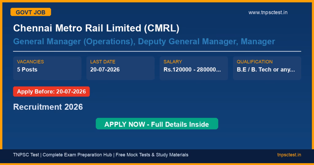 Chennai Metro Rail Limited (CMRL) General Manager (Operations), Deputy General Manager, Manager Recruitment 2026