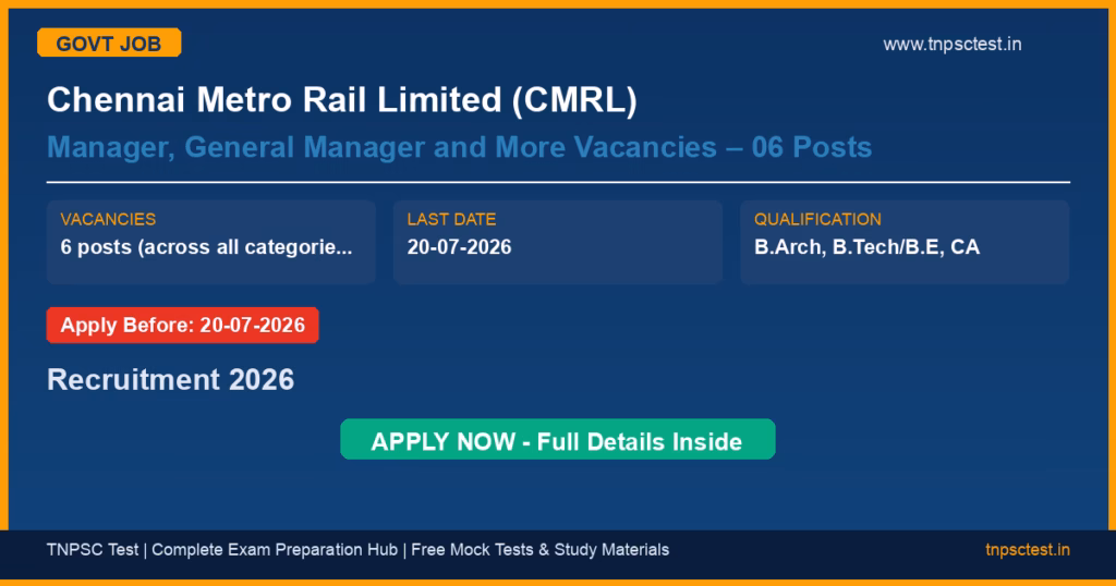 Chennai Metro Rail Limited (CMRL) Manager, General Manager and More Vacancies – 06 Posts Recruitment 2026