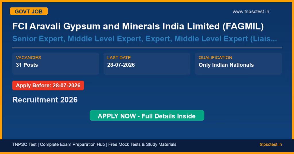 FCI Aravali Gypsum and Minerals India Limited (FAGMIL) Senior Expert, Middle Level Expert, Expert, Middle Level Expert (Liaison) Recruitment 2026
