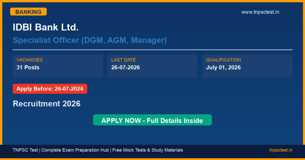 IDBI Bank Ltd. Specialist Officer (DGM, AGM, Manager) Recruitment 2026