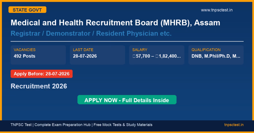 Medical and Health Recruitment Board (MHRB), Assam Registrar / Demonstrator / Resident Physician etc. Recruitment 2026