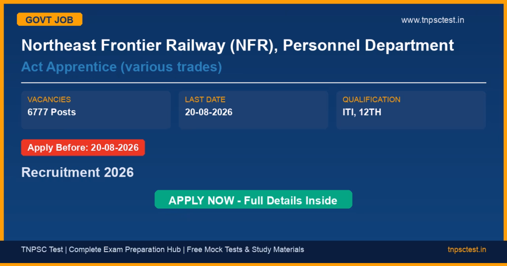 Northeast Frontier Railway (NFR), Personnel Department Act Apprentice (various trades) Recruitment 2026