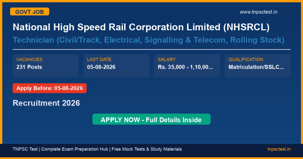 National High Speed Rail Corporation Limited (NHSRCL) Technician (Civil/Track, Electrical, Signalling & Telecom, Rolling Stock) Recruitment 2026