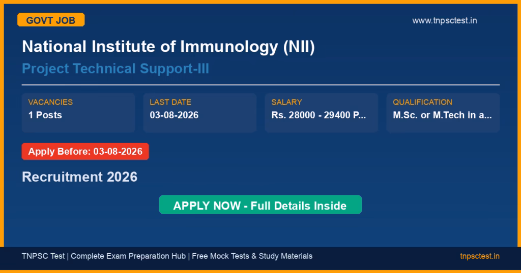 National Institute of Immunology (NII) Project Technical Support-III Recruitment 2026