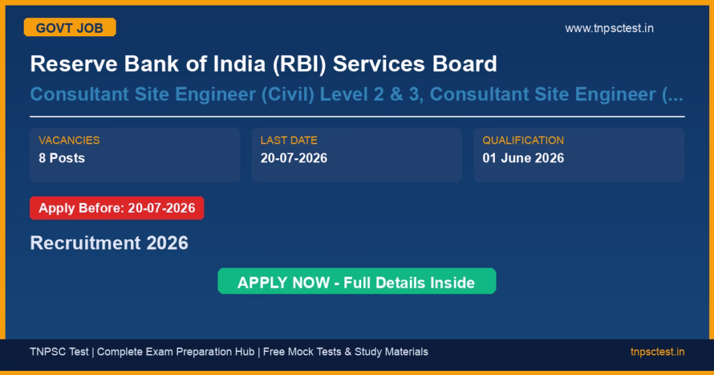 Reserve Bank of India (RBI) Services Board Consultant Site Engineer (Civil) Level 2 & 3, Consultant Site Engineer (Electrical) Level 3 Recruitment 2026